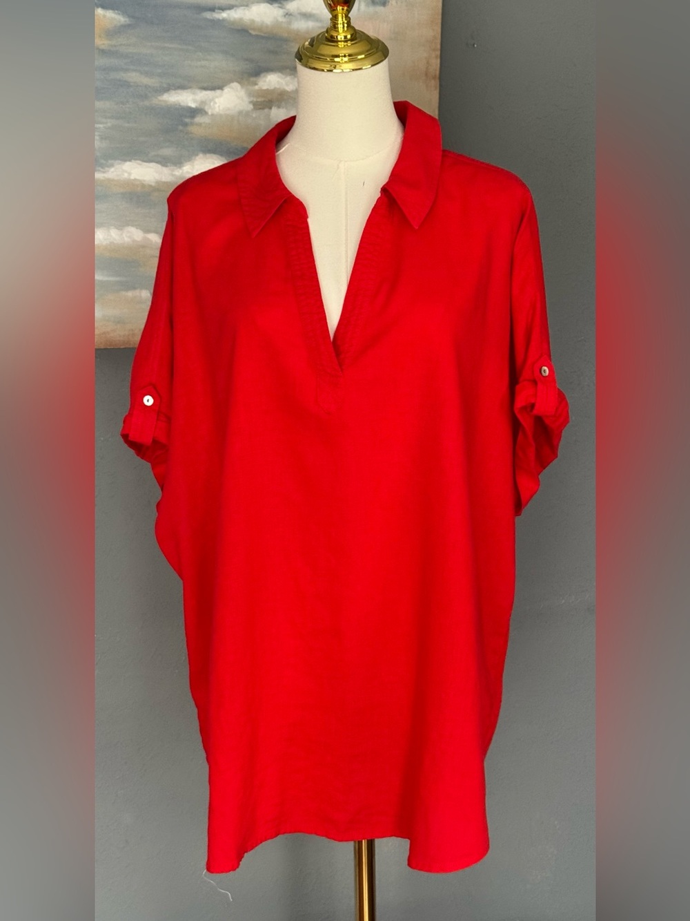 martha stewart Woman Tunic/top Short Sleeve Red Size 2X High Low Linen, Rayon